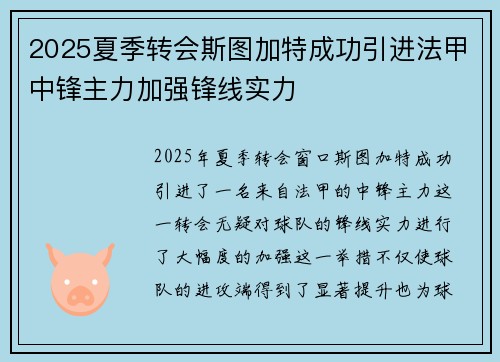 2025夏季转会斯图加特成功引进法甲中锋主力加强锋线实力